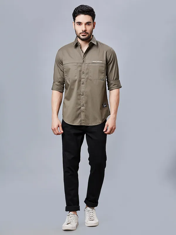 RIVER BLUE olive plain cotton shirt for men