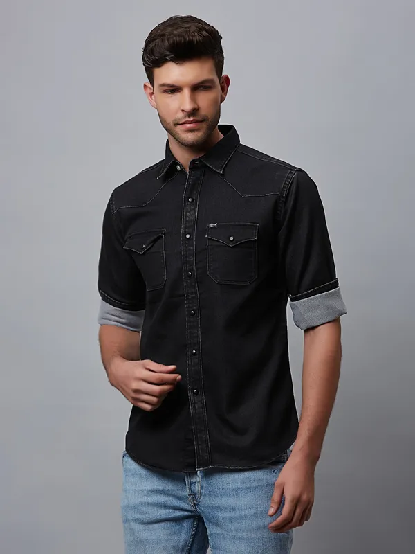 River Blue plain black denim shirt