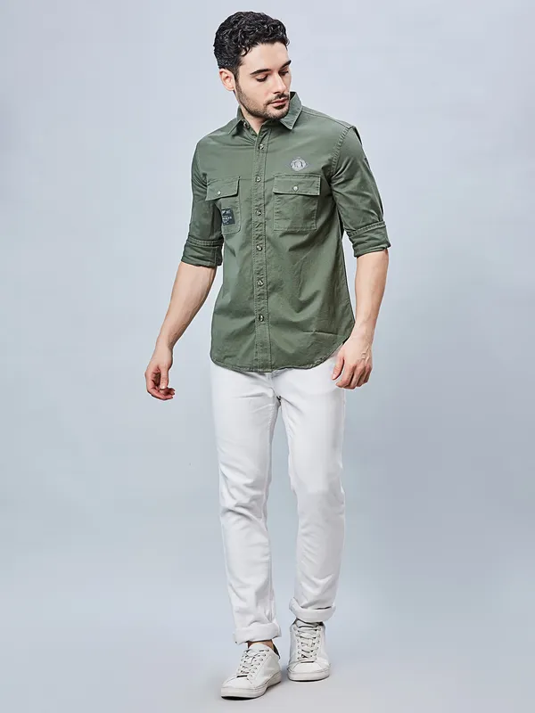 RIVER BLUE plain cotton men shirt in olive