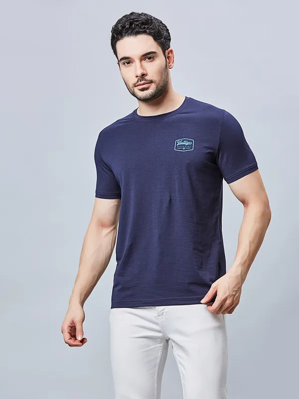RIVER BLUE plain navy cotton slim fit t-shirt