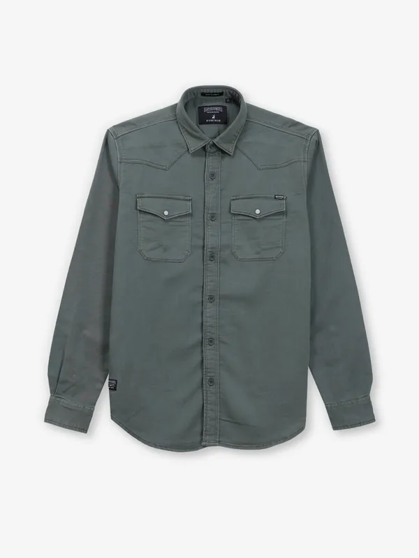 RIVER BLUE plain olive denim shirt