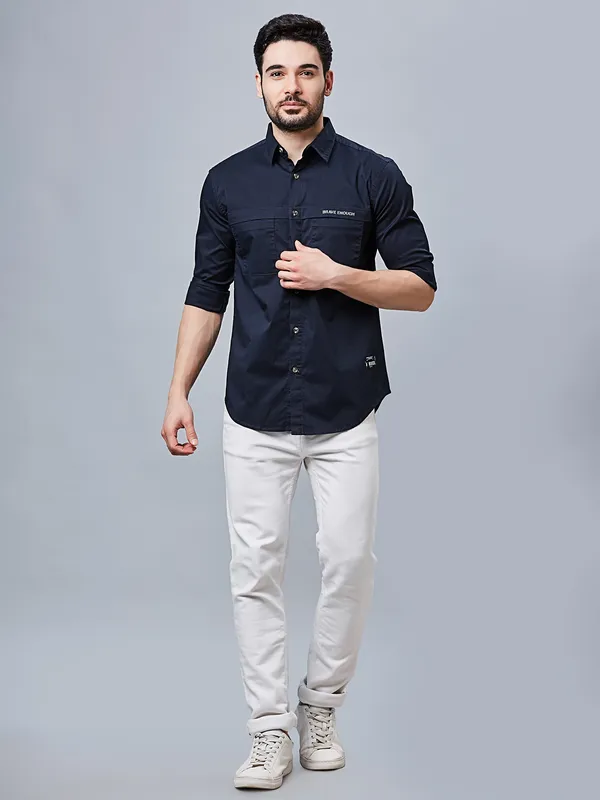 RIVER BLUE plain slim fit cotton blue men shirt