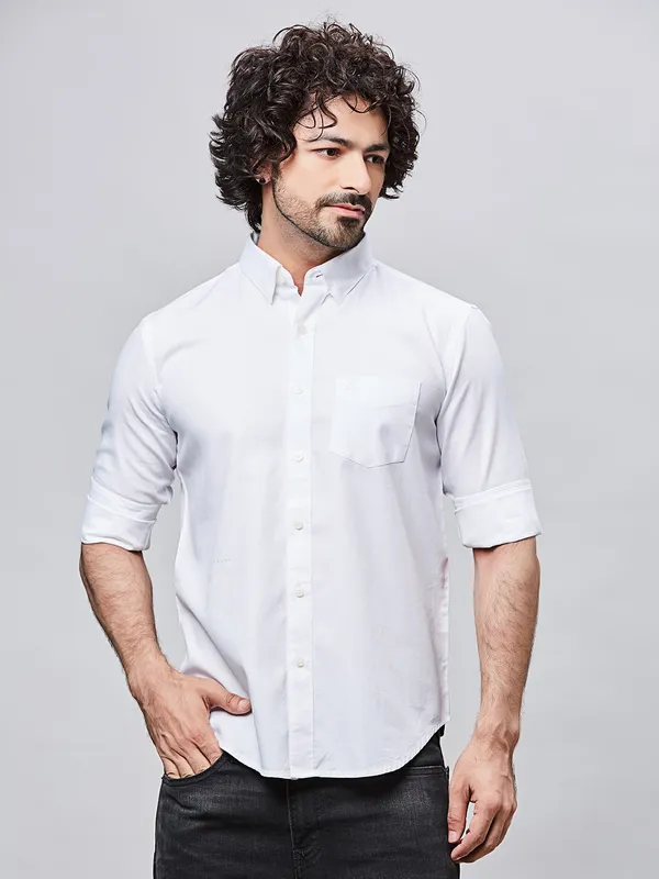 RIVER BLUE plain white slim fir cotton shirt