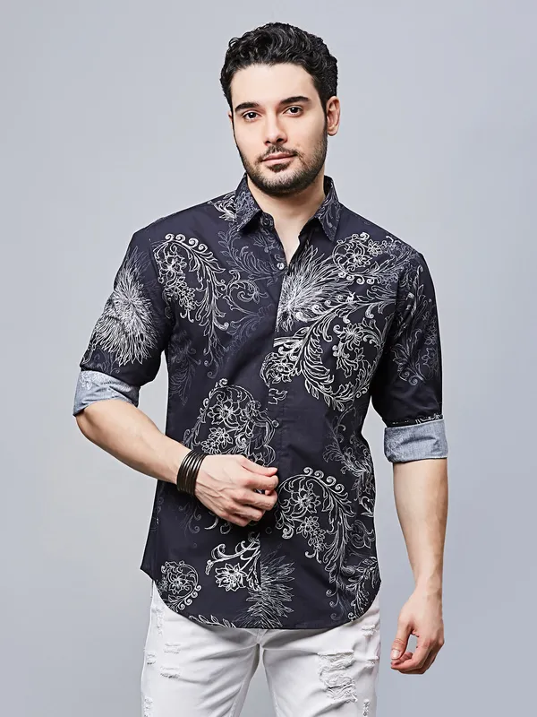 RIVER BLUE printed black cotton casual wear shirt