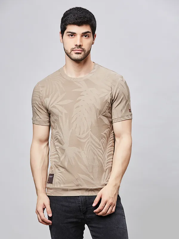 RIVER BLUE printed brown cotton slim fit t-shirt