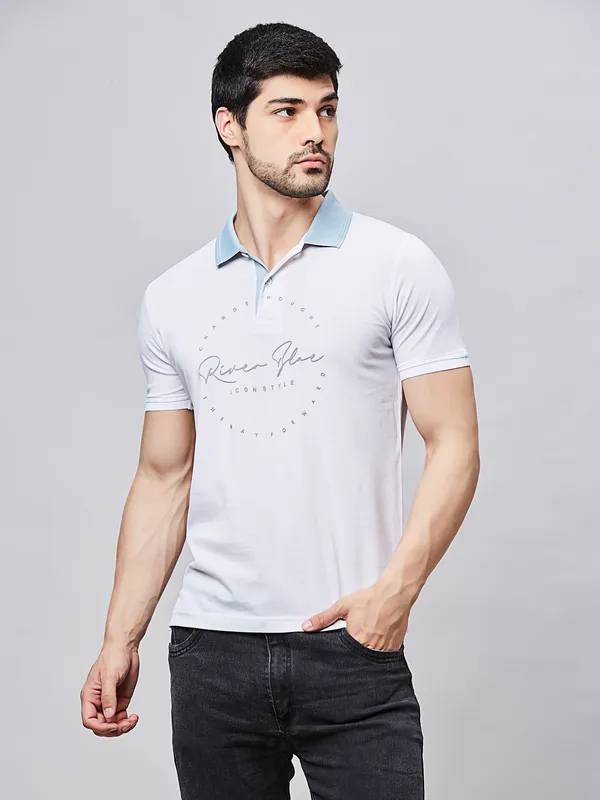 RIVER BLUE printed casual white slim fit t-shirt