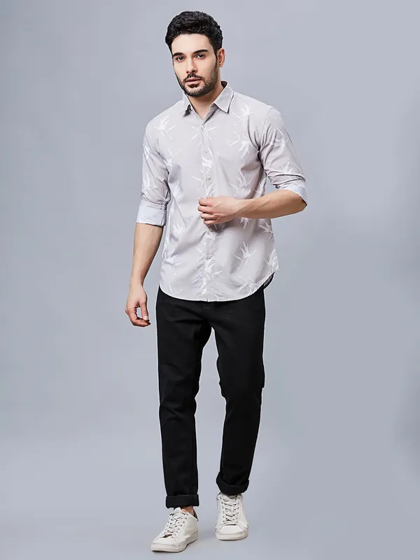 RIVER BLUE printed cotton grey slim fit shirt