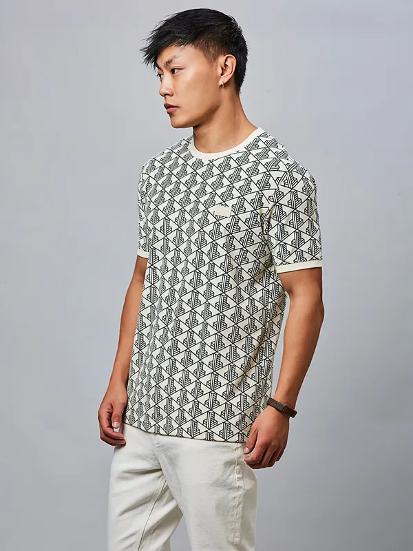 RIVER BLUE printed green slim fit cotton t-shirt