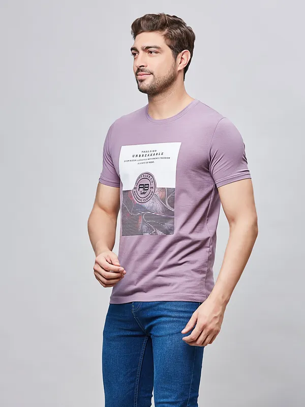 RIVER BLUE printed light purple cotton slim fit t-shirt