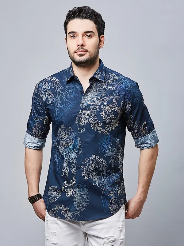 RIVER BLUE printed navy cotton casual wear shirt