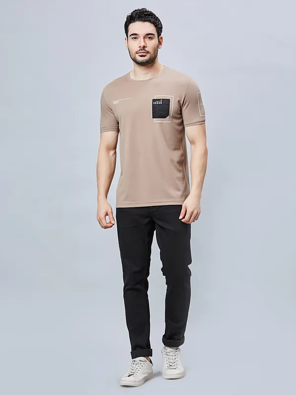 RIVER BLUE printed peach cotton slim fit t-shirt