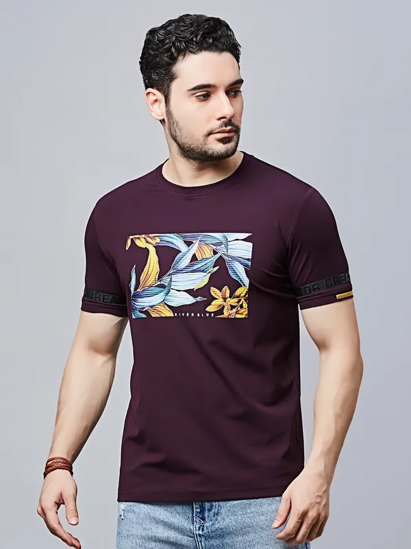 RIVER BLUE printed wine cotton t-shirt for men