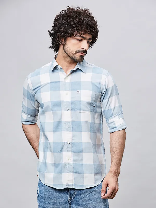 RIVER BLUE sky checkered casual cotton shirt