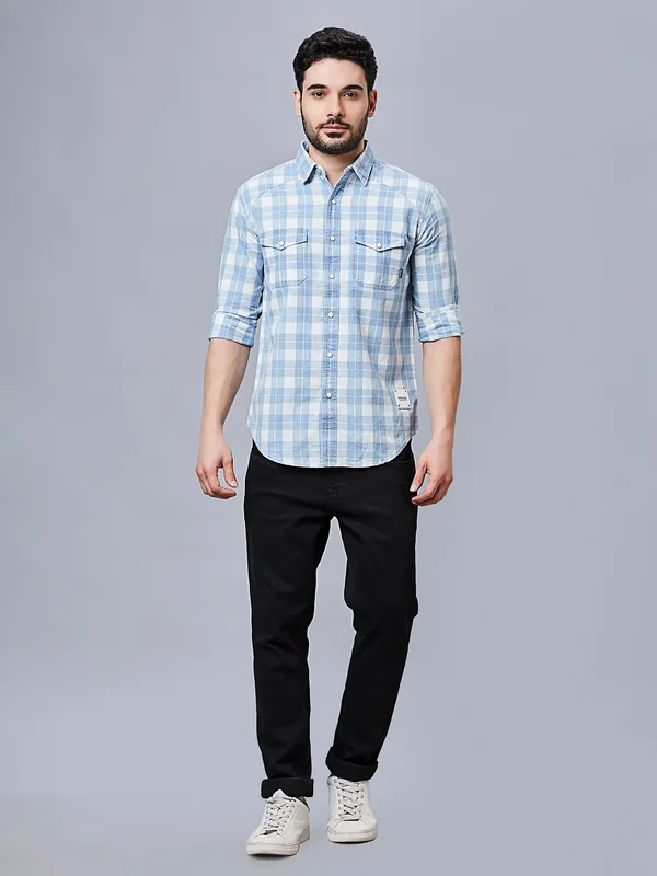 RIVER BLUE sky checkered cotton casual shirt