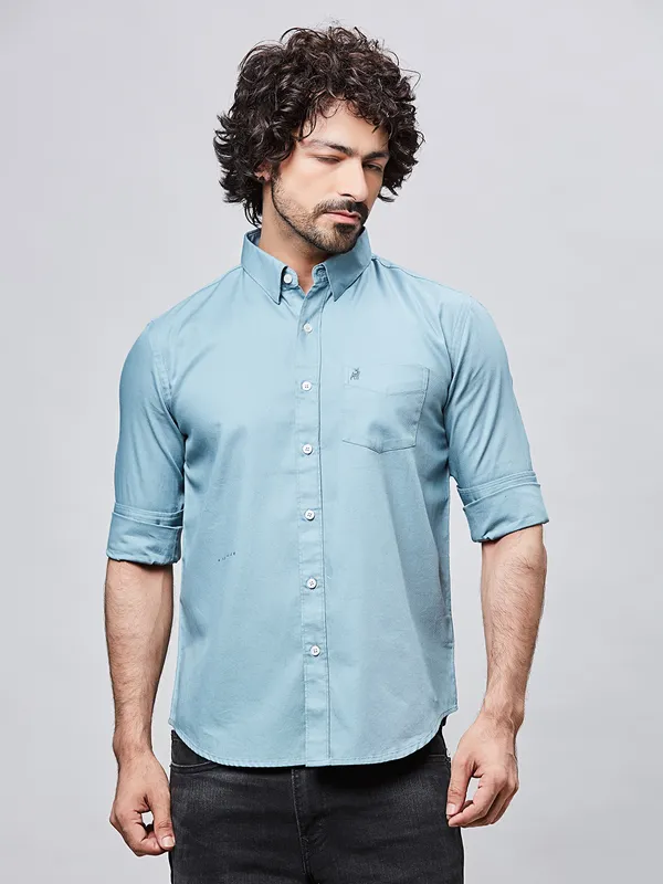 RIVER BLUE sky plain casual slim fit shirt