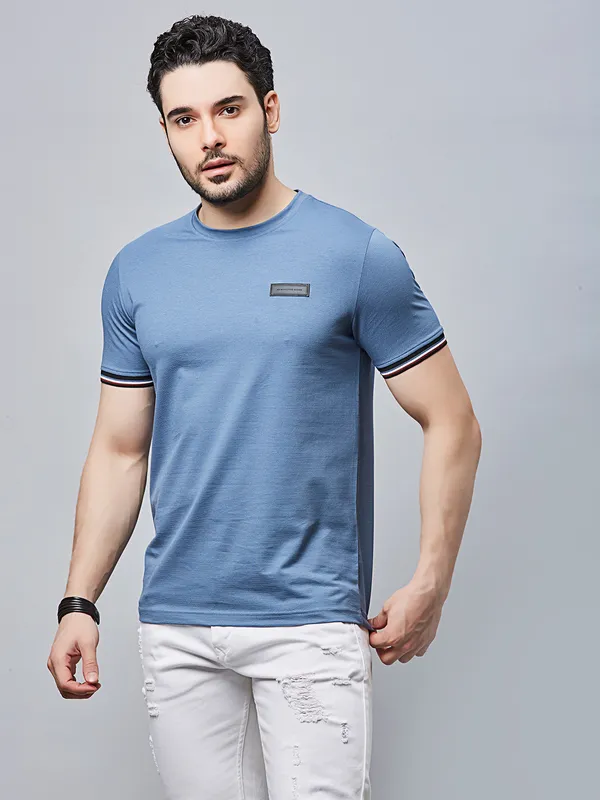 RIVER BLUE solid blue slim fit cotton t-shirt