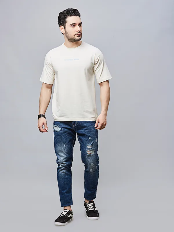 RIVER BLUE solid cream cotton oversized t-shirt