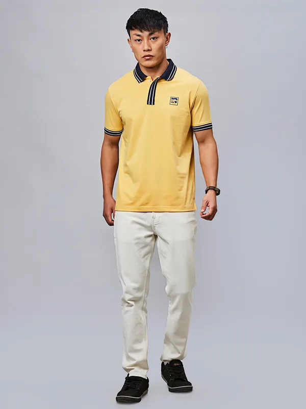 RIVER BLUE solid mango yellow slim fit polo t-shirt