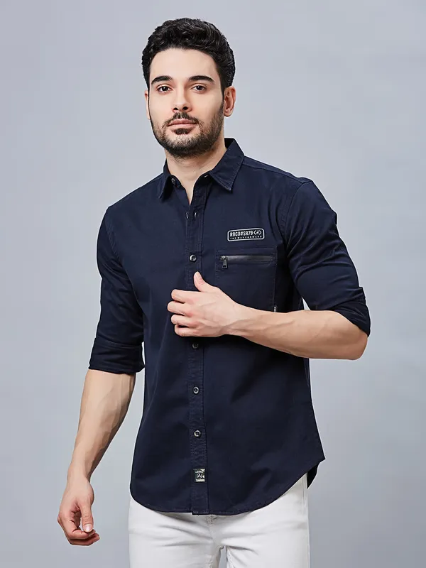 RIVER BLUE solid navy casual cotton shirt