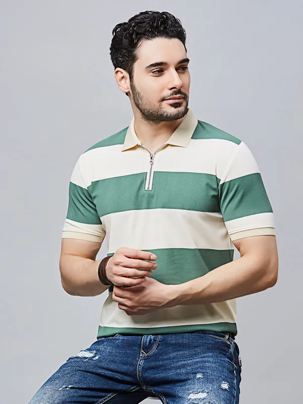 RIVER BLUE stripe green cotton t-shirt