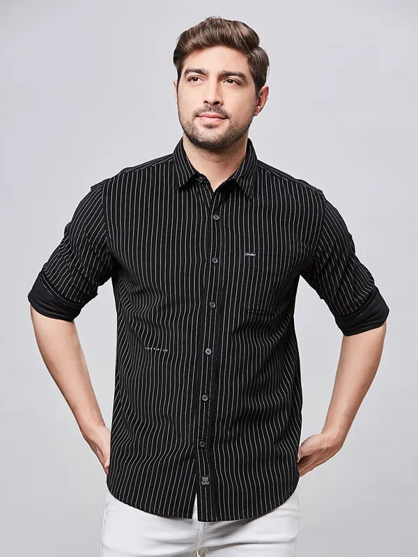 RIVER BLUE striped black slim fit casual cotton shirt