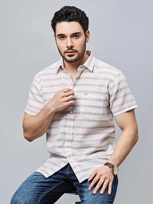 RIVER BLUE striped fawn cotton casual wear shirt
