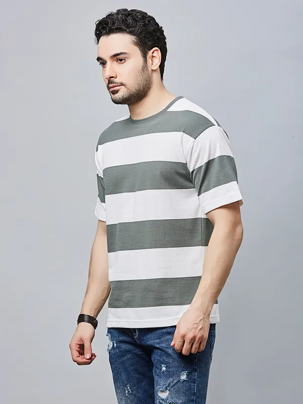 RIVER BLUE striped green slim fit mens t-shirt