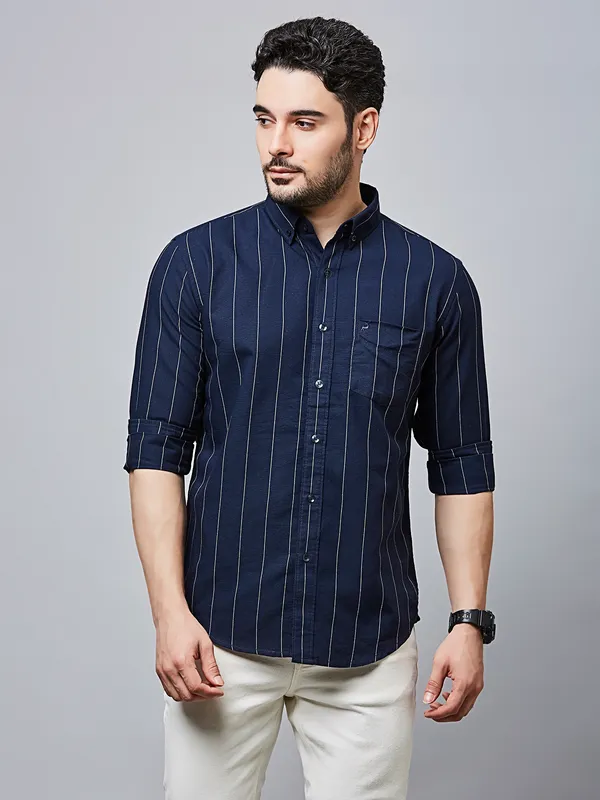 RIVER BLUE striped navy casual wear mens shirt