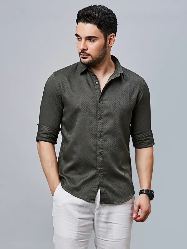 RIVER BLUE textured grey cotton casual wear shirt