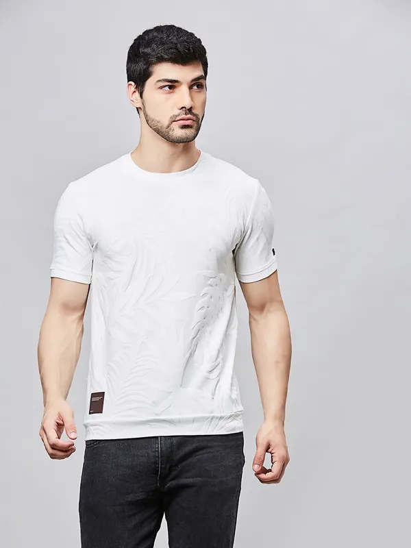 RIVER BLUE white printed cotton slim fit t-shirt