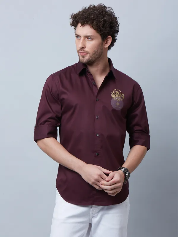 River Blue wine cotton slim fit shirt