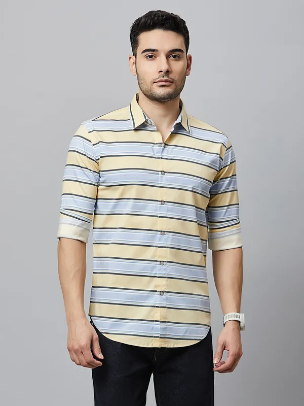 River Blue yellow cotton stripe shirt