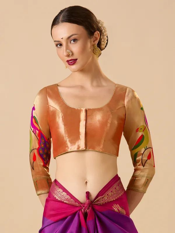 Rose gold printed paithani silk ready made blouse