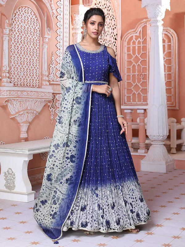 Royal blue georgette printed anarkali suit