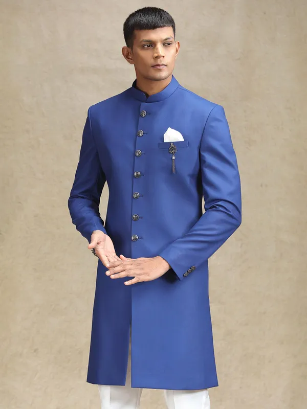 Royal blue indo western in terry rayon for men