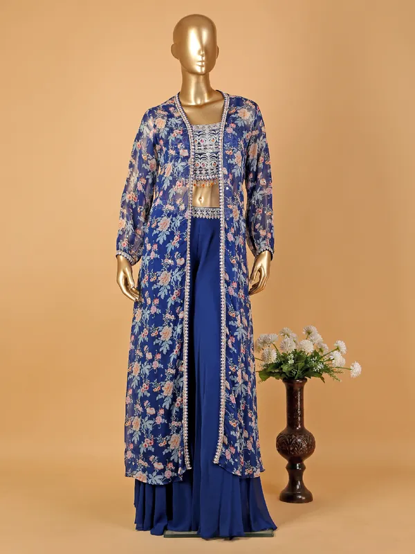 Royal blue palazzo suit with floral print shrug