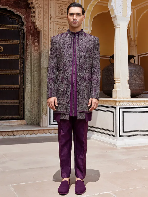 Royal dark purple raw silk indo western for men