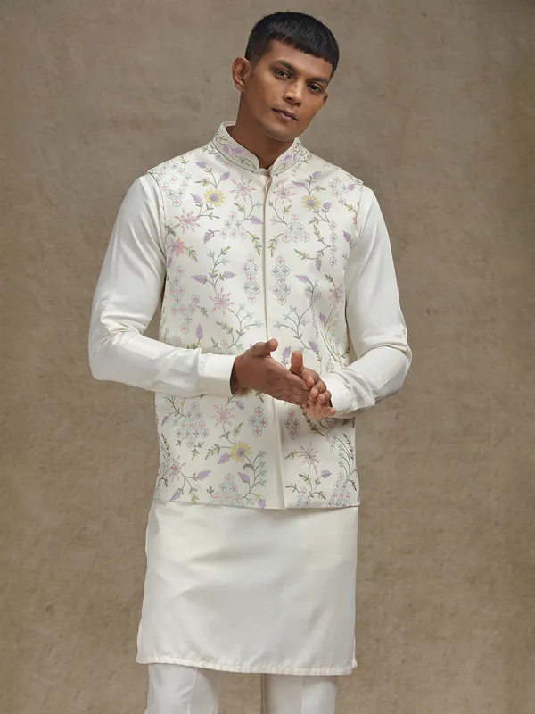 Cream waistcoat set with intricate embroidery
