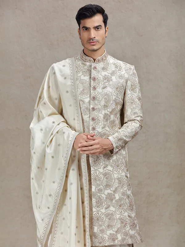 royal heritage gold colour silk sherwani