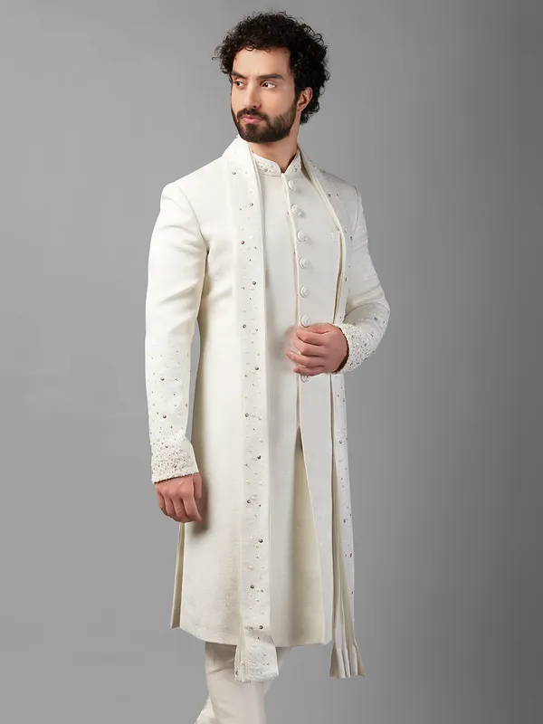 Royal white silk sherwani