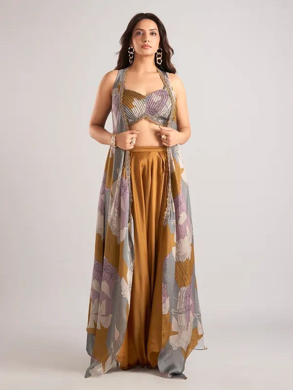 Rust brown satin silk printed jacket style palazzo suit