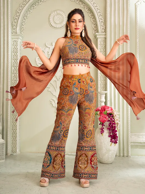 Rust brown silk palazzo suit with resham embellishment