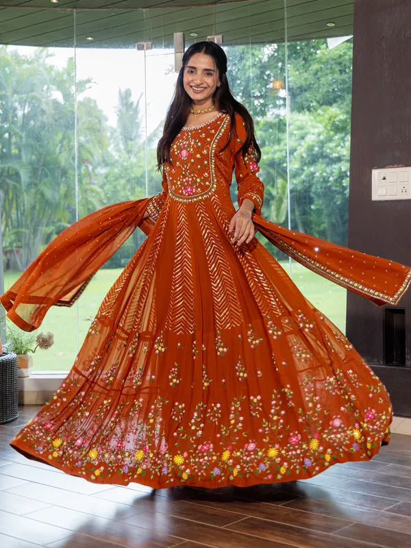 Rust oragne anarkali suit in georgette with dupatta