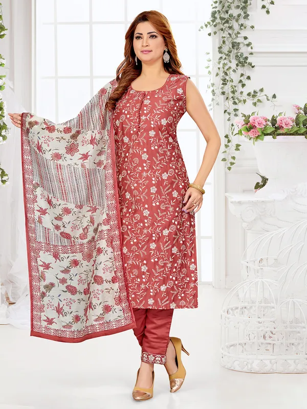 Rust orange silk embroidery salwar suit