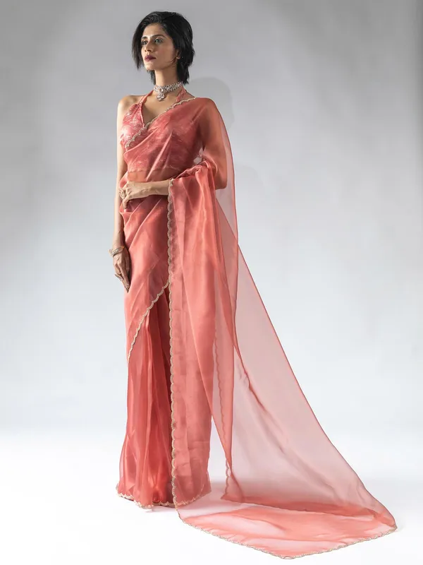 Rust peach ready to wear saree in organza