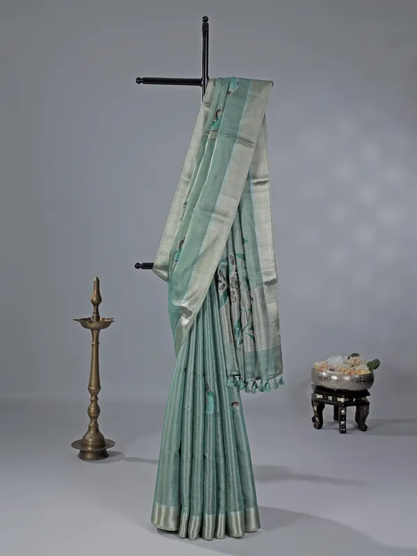 Sage green cotton silk saree with aabla accents