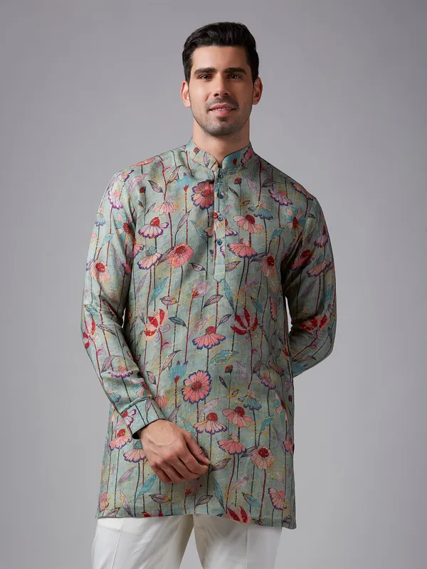 Sage green floral printed short kurta suit