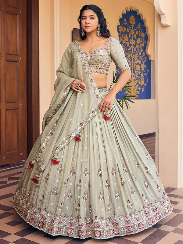 Sage green georgette lehenga choli with dupatta for women