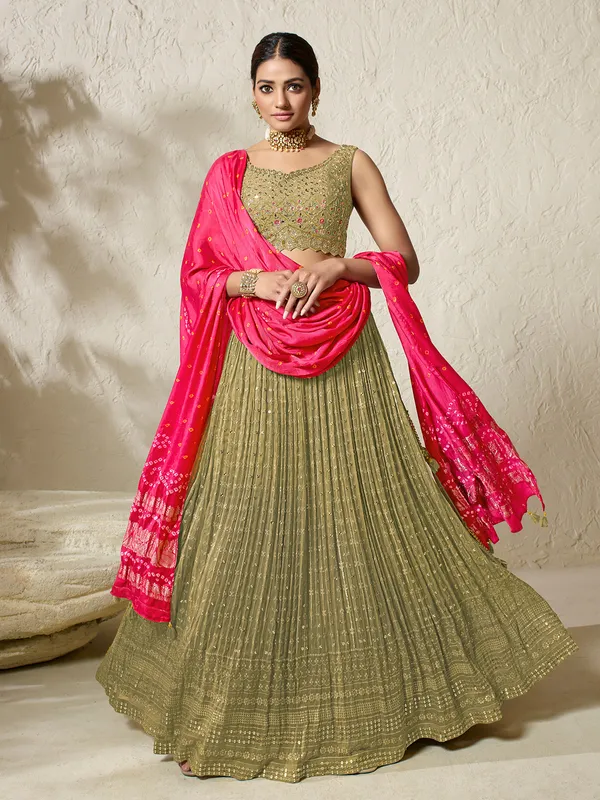 Sage green lehenga choli with printed dupatta