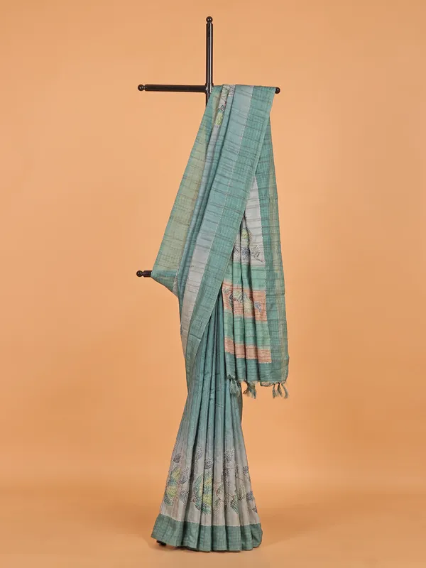 Sage green printed cotton festive wear saree
